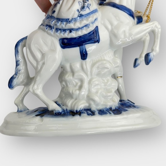 Vintage Porcelain Horse Rider & Handler Figurine Blue White Gold Trim 9 Inch - Picture 14 of 16